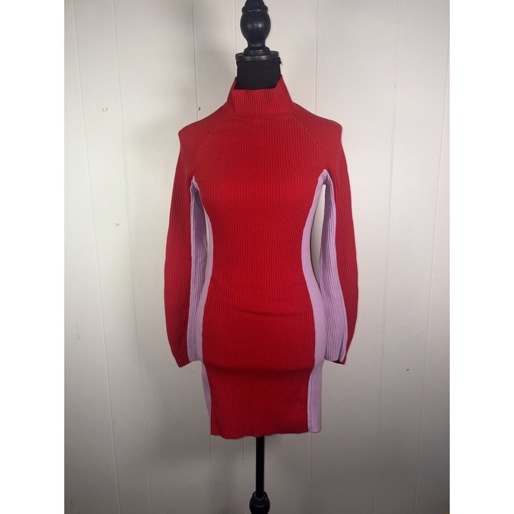 urban outfitters purple red ribbed fitted dress M long sleeve - Picture 2 of 11